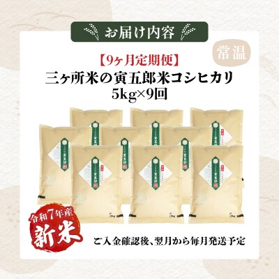 《令和7年産　新米》【9か月定期便】三ヶ所米の寅五郎米コシヒカリ 45kg(5kg×1個 全9回)