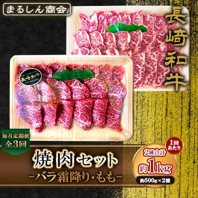 【毎月定期便】長崎和牛焼肉セット約1kgバラ霜降り(約500g)・もも(約500g)(島原市)全3回