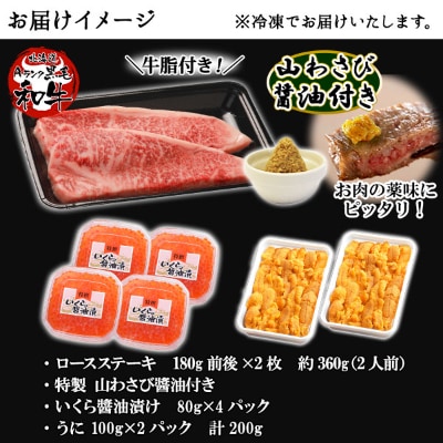 【北海道】黒毛和牛 A4-5等級 霜降り ロースステーキ & いくら醤油漬け & うに 2118
