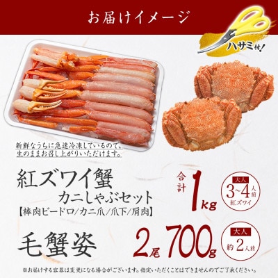 紅ズワイガニしゃぶ 約1kg、毛蟹計約700g (蟹ハサミ付) 北海道 弟子屈町 2462