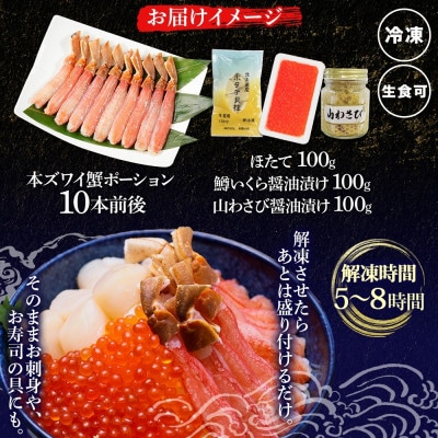 ズワイ蟹ポーション10本 ホタテ  鱒いくら醤油  山わさび 各100g 北海道 弟子屈町 2533