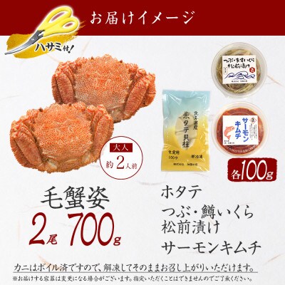毛蟹 2尾約700g 松前漬・ホタテ・キムチ 各100g 専用ハサミ付 北海道 弟子屈町 2461