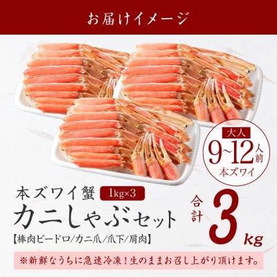 ズワイ蟹しゃぶ1kg×3個(9～12人前) 生食可 鍋 しゃぶしゃぶ 北海道弟子屈町 3000