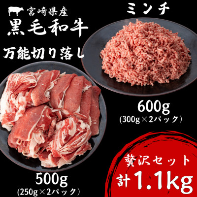 宮崎県産黒毛和牛ミンチ600g、黒毛和牛万能切り落し500gの贅沢セット(諸塚村)