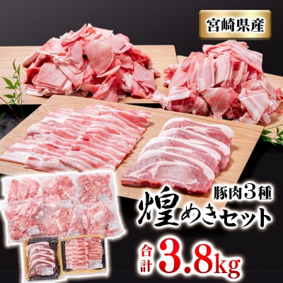 【計3.8kg】宮崎県産豚肉3種バラ凍結小間切れ・焼肉とんかつ[3121]