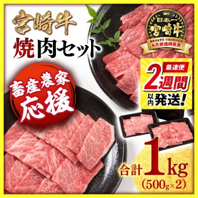 2週間発送!<畜産農家応援>【宮崎牛】焼肉セット1kg!! 4級以上ミヤチク[2770]