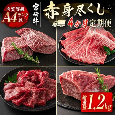 宮崎牛赤身尽くし4ヶ月定期便(合計1.2kg)焼肉・スライス・ステーキ・ブロック[2398]