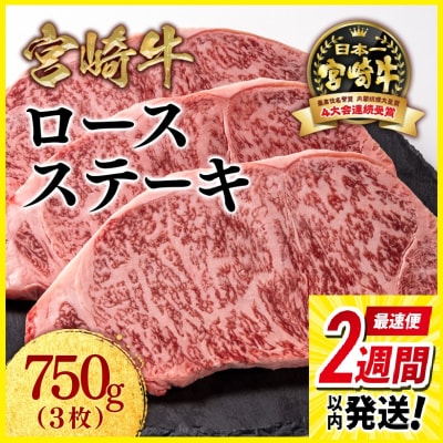 2週間発送!宮崎牛ロースステーキ3枚 (250g×3)内閣総理大臣賞ミヤチク[2780]