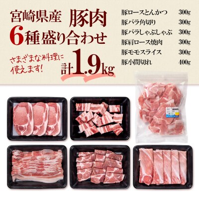 宮崎県産豚肉6種1.9kg!焼肉 とんかつ しゃぶしゃぶ スライス 小間切れ[2953]