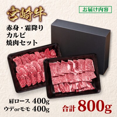 宮崎牛　カルビ焼肉2種800g(肩ロース&赤身)400g×2/A4等級以上　ya[2650]