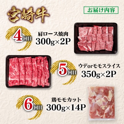 宮崎牛&宮崎県産鶏肉6回定期便A4等級以上　焼肉&スライス&鶏モモカット肉ya[2658]