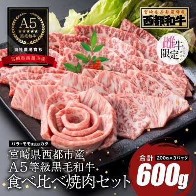 【A5等級黒毛和牛】食べ比べ焼肉(200g×3)宮崎県産 カミチクファーム[2707]