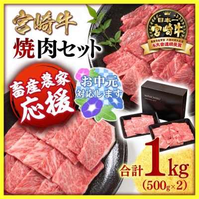 【お中元ギフト】【宮崎牛】焼肉セット1kg!! 4級以上ミヤチク<畜産農家応援>[3014]