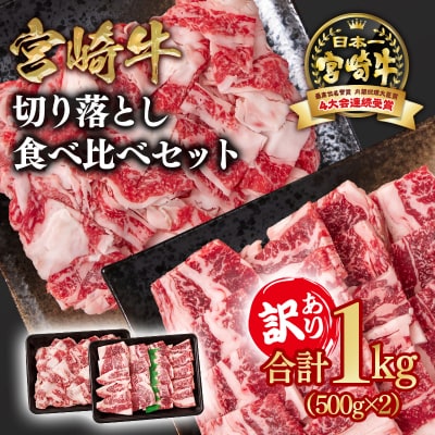 宮崎牛 訳あり切り落とし食べ比べ1kg  A4～A5等級 内閣総理大臣賞4連覇ya[2727]