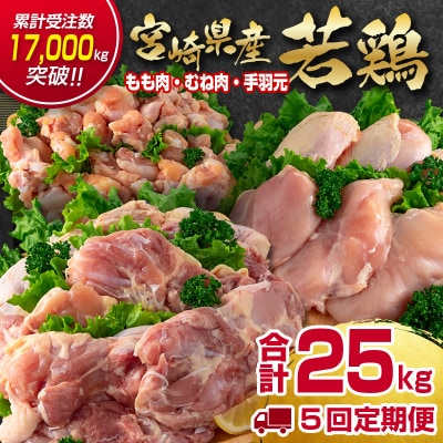 【5回定期便】宮崎県産若鶏もも肉 むね肉 手羽元5kg×5回　訳あり[2936]