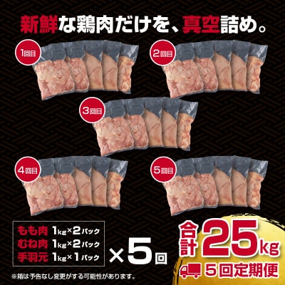 【5回定期便】宮崎県産若鶏もも肉 むね肉 手羽元5kg×5回　訳あり[2936]