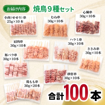 宮崎県産焼鳥9種100本セット　鶏もも串/豚バラ串/せせり串/鶏肩肉串/ハツ/砂肝[2986]