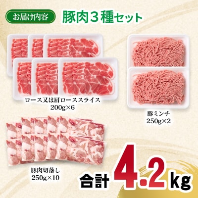宮崎県産豚肉3種4.2kgセット(豚ロース/豚切り落とし/豚ミンチ)[2992]