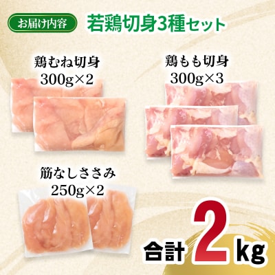 宮崎県産若鶏2kgセット もも肉 むね肉 筋なしささみ 小分け 7パック[2970]