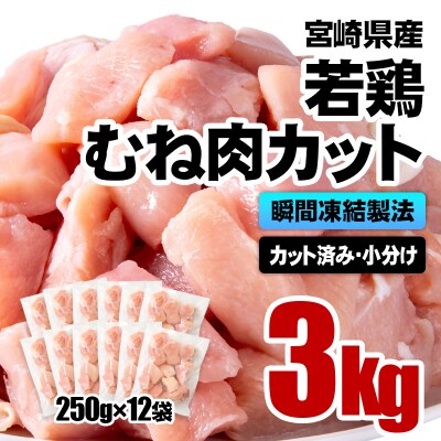 バラ凍結 宮崎県産若鶏むね肉　合計3kg(250g×12袋)鶏肉切身小分け[3058]