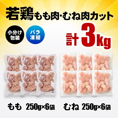バラ凍結 宮崎県産若鶏もも肉&むね肉　合計3kg(250g×12袋)鶏肉切身小分け[3060]