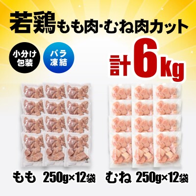 バラ凍結 宮崎県産若鶏もも肉&むね肉　合計6kg(250g×24袋)鶏肉切身小分け[3062]