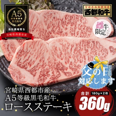 【父の日ギフト】A5等級黒毛和牛ロースステーキ2枚(180g×2)宮崎県産カミチクファーム[2706
