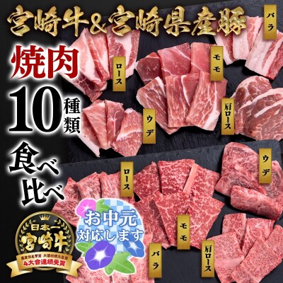 【お中元ギフト】宮崎牛&宮崎県産豚肉 焼肉10種盛り　焼肉セット計600g[3003]