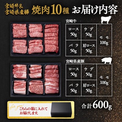 【お中元ギフト】宮崎牛&宮崎県産豚肉 焼肉10種盛り　焼肉セット計600g[3003]
