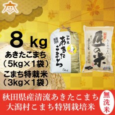 【食べ比べセット】秋田市雄和産無洗米あきたこまち5kgと秋田県大潟村産「匠の米」3kg