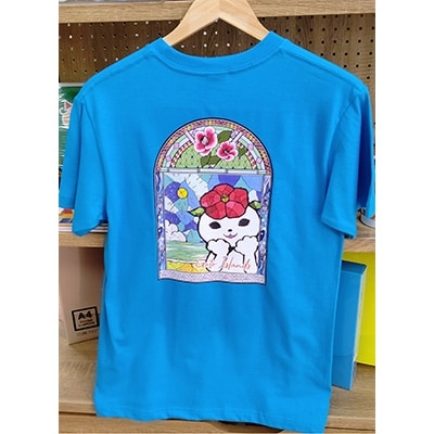 つばきねこLOVEGOTOシリーズ　つばきねこステンドグラスTシャツ(色:ターコイズブルー)Sサイズ