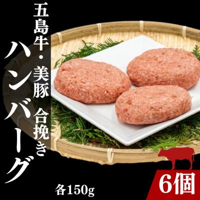 【毎月定期便】五島牛・美豚粗挽きハンバーグ6個(各約150g)全3回