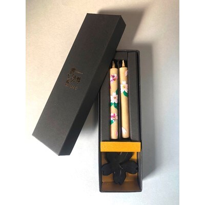 国内産ハゼの実蝋のみ使用<伝統工芸品 和ろうそく>手描き絵ろうそく 桜クリスタル(絵入り2本)燭台付