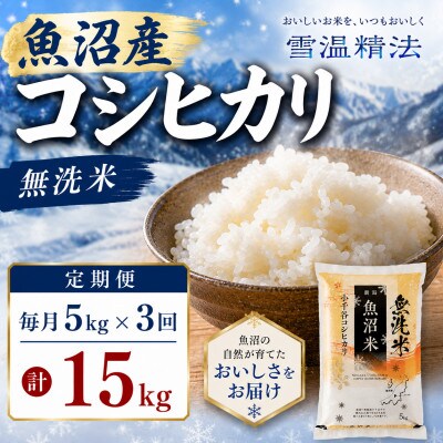 【毎月定期便】無洗米　雪室貯蔵魚沼産コシヒカリ5kg全3回