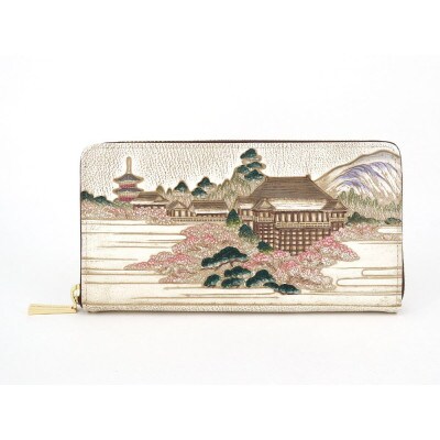 【文庫屋　大関】大容量　ぐるっとファスナーの長財布　浮世絵　清水寺【皮革工芸品】