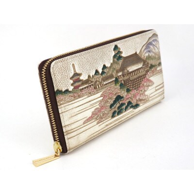 【文庫屋　大関】大容量　ぐるっとファスナーの長財布　浮世絵　清水寺【皮革工芸品】