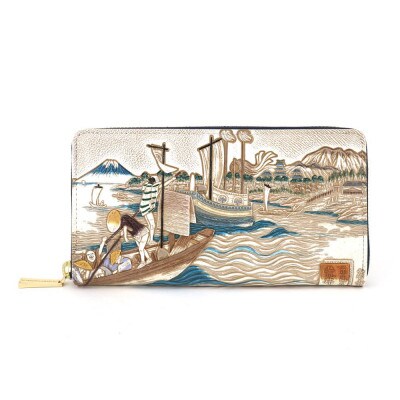 【文庫屋　大関】大容量　ぐるっとファスナーの長財布　浮世絵　荒井宿【皮革工芸品】