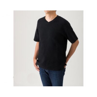 【4Lサイズ】肌触りが良い刺子生地VネックTシャツ　永く使って自分だけの刺子に|黒