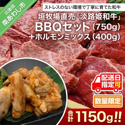 【数量限定】垣牧場直売「淡路姫和牛」BBQセット(750g)+ホルモンミックス(400g)