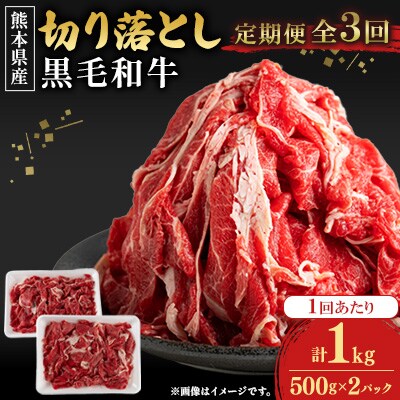 【発送月固定定期便】【熊本県産】黒毛和牛切り落とし計1kg(500g×2パック)全3回
