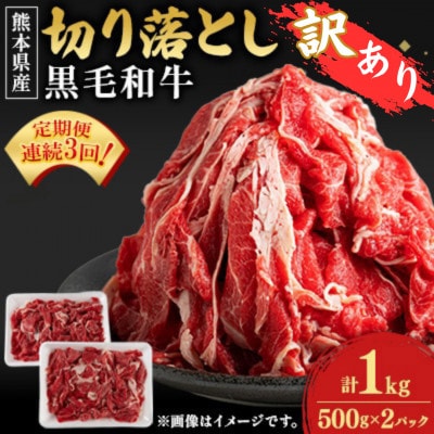 【毎月定期便】【熊本県産】<訳あり>黒毛和牛切り落とし計1kg(500g×2パック)全3回