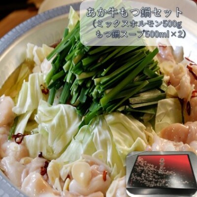あか牛もつ鍋セット(あか牛ミックスホルモン500g もつ鍋スープ500g×2)(菊池市)
