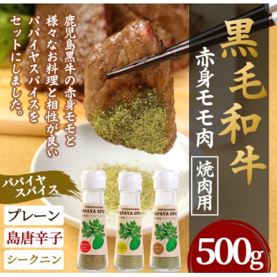 徳之島 天城町 鹿児島黒牛 赤身モモ肉 焼肉用 500g パパイヤスパイス 40g×3種セット