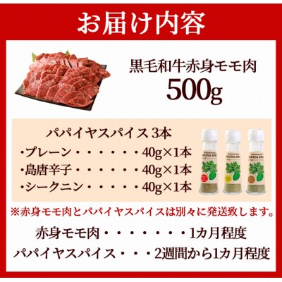 徳之島 天城町 鹿児島黒牛 赤身モモ肉 焼肉用 500g パパイヤスパイス 40g×3種セット