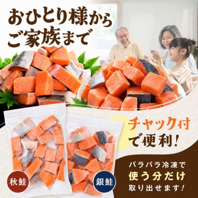 チャック付き便利 【骨取り】銀鮭&秋鮭 切身食べ比べ2kg(500g×2) 無塩骨なしカット切り身