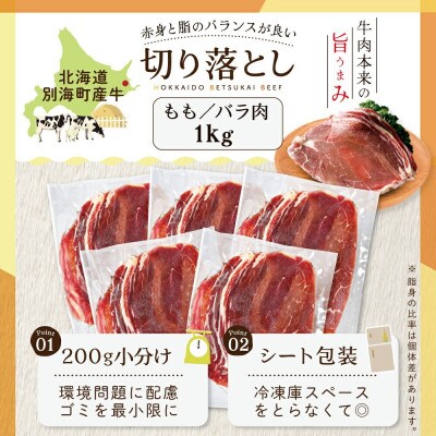 北海道 別海町産 切り落とし牛肉 1kg(小分けで便利200g×5パック) モモ・バラ 薄切り