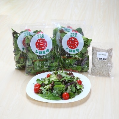 土耕栽培のベビーリーフミックス 10種(70g×4袋) と野菜用ハーブ塩セット