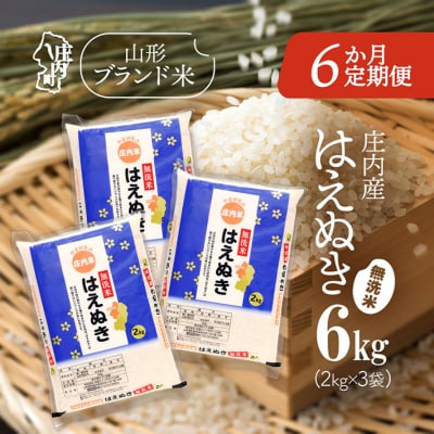 ＜2月中旬発送＞庄内米6か月定期便!はえぬき無洗米 6kg(入金期限:2026.1.25)