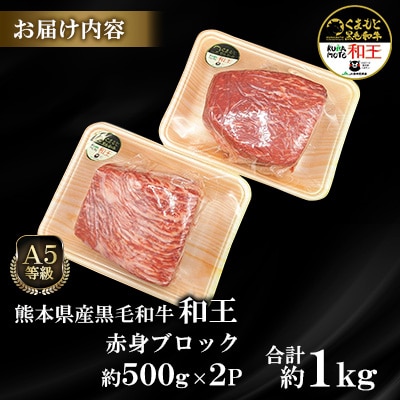 熊本県産A5等級黒毛和牛和王 赤身ブロック 約500g×2P 計約1kg(合志市)