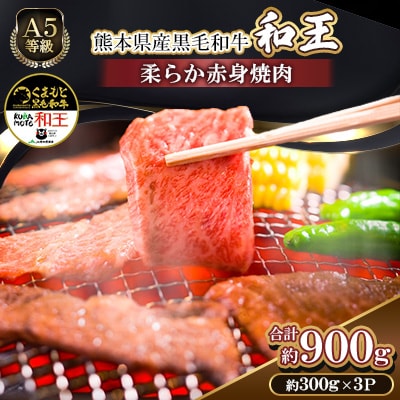 熊本県産A5等級黒毛和牛和王 柔らか赤身焼肉 約300g×3P 計約900g(合志市)